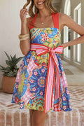 Sleeveless Back Criss Cross Bow Waist Sun Print Mini Dress