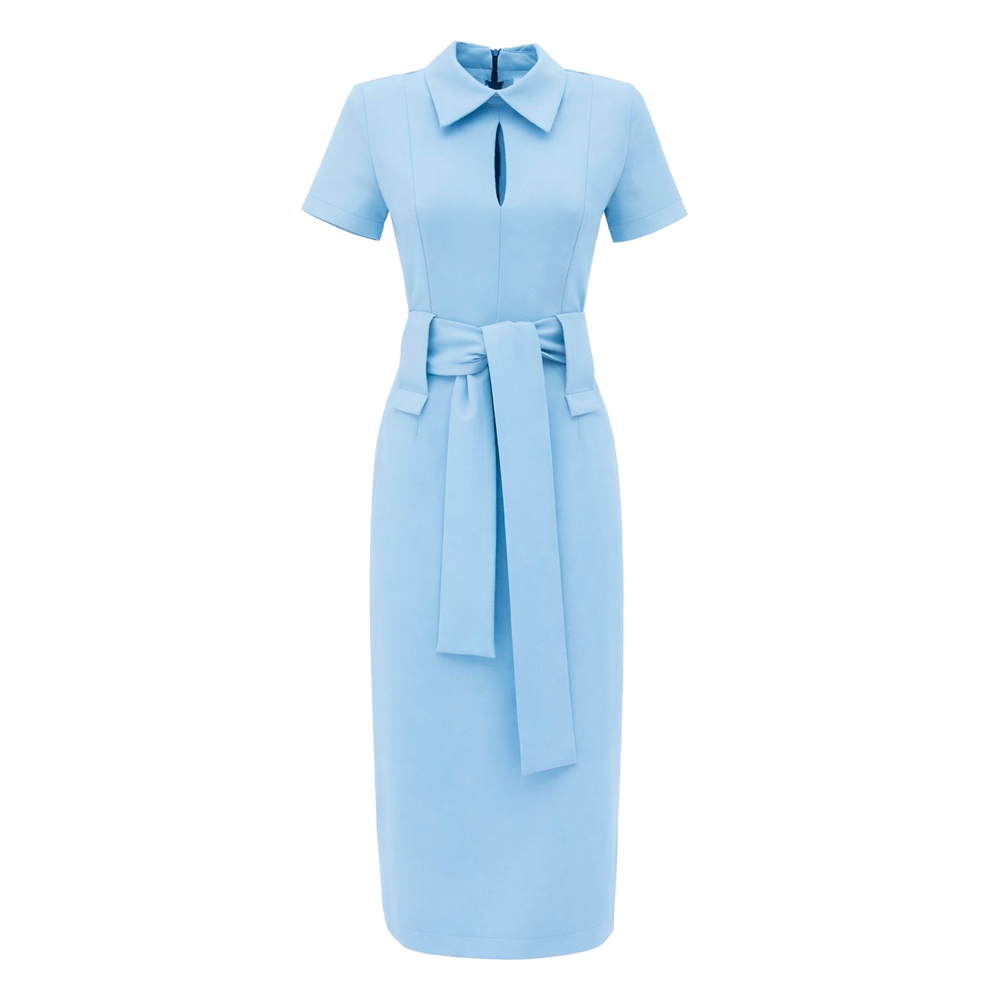 Short Sleeve Midi Dress With Belt - Light Blue