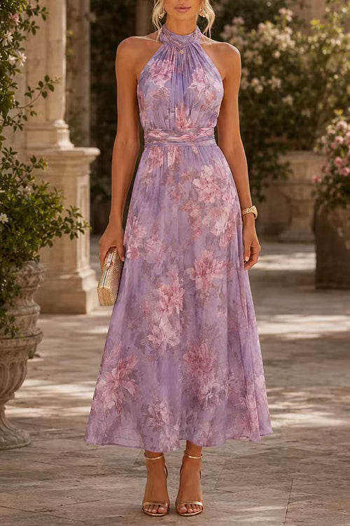 Sleeveless Waisted Floral Print Flowy Maxi Dress