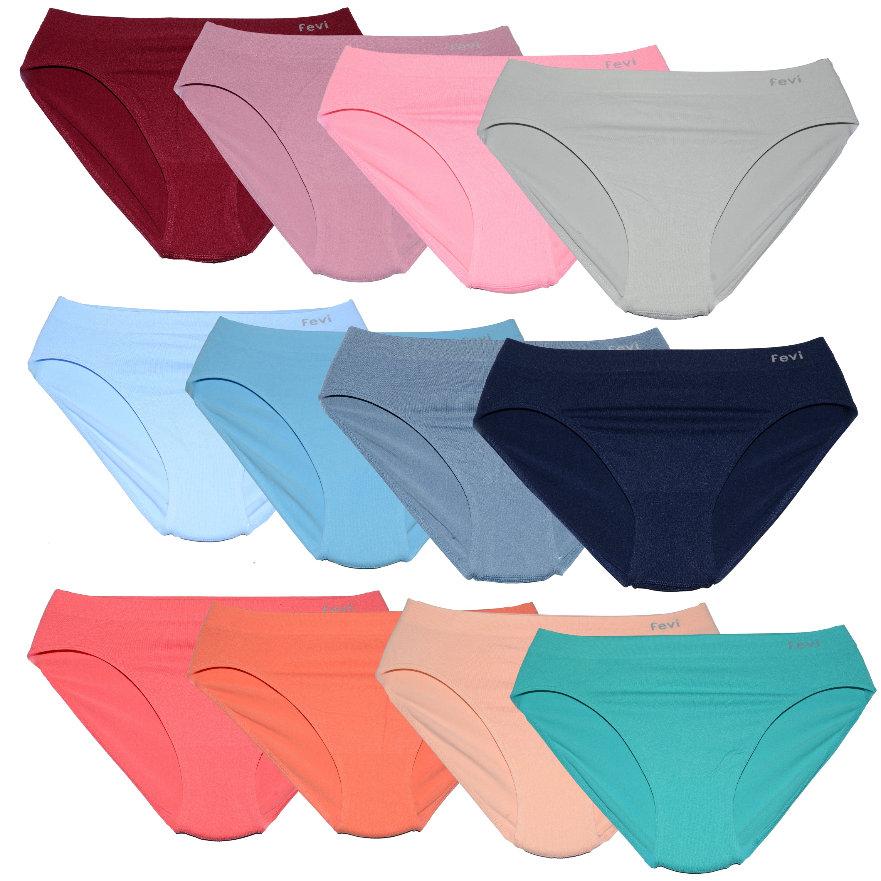 FEVI | Pack de 12 Braguitas Tiro Medio | Suaves y Cómodas | 12 Colores | Transpirables | Talla Única M-L