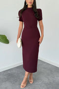 Mockneck Puff Short Sleeves Back Slit Midi Dress
