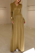 V Neck Long Sleeves Waisted Velvet Maxi Dress