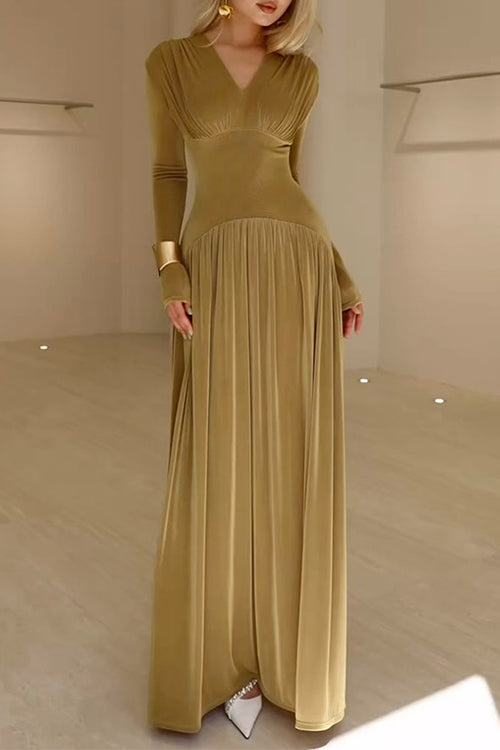 V Neck Long Sleeves Waisted Velvet Maxi Dress