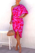 One Shoulder Batwing Sleeve Printed Tulip Dress