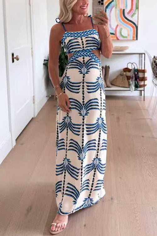 Tie Shoulder Cut Out Waist Printed Maxi Dress