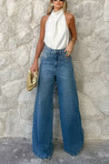 High Waist One Button Pocketed Wide Leg Pants