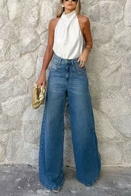 High Waist One Button Pocketed Wide Leg Pants