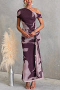 Asymmetrical Shoulder Draped Front Printed Maxi Dress