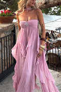 Sleeveless Open Back Ruffle Trim Slit Maxi Dress