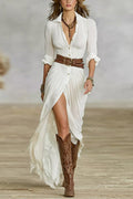 Lapel V Neck Long Sleeves Button Up Slit Maxi Dress