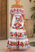 Off Shoulder Floral Print Ruffle Maxi Dress