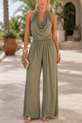Halter Cowl Neck Sleeveless Top Elastic Waist Wide Leg Pants Set