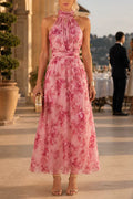 Sleeveless Zipper Back Waisted Floral Print Maxi Dress