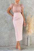 Mockneck Ruffle Short Sleeves Crop Top Back Slit Bodycon Maxi Dress Set