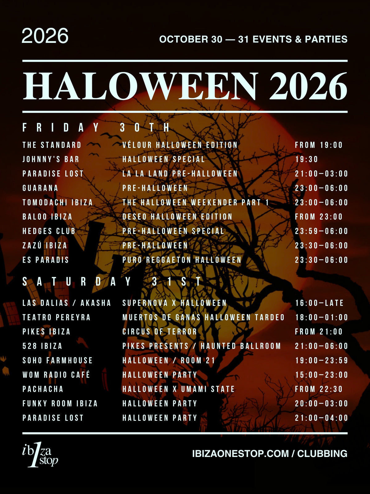 Friday, October 30 to Sunday, November 1, 2026: Halloween Parties, Themed Dinners and Clubbing Events in Ibiza