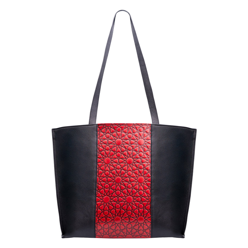 Leather Tote Bag Red and Black with Islamic Art Embossed Pattern