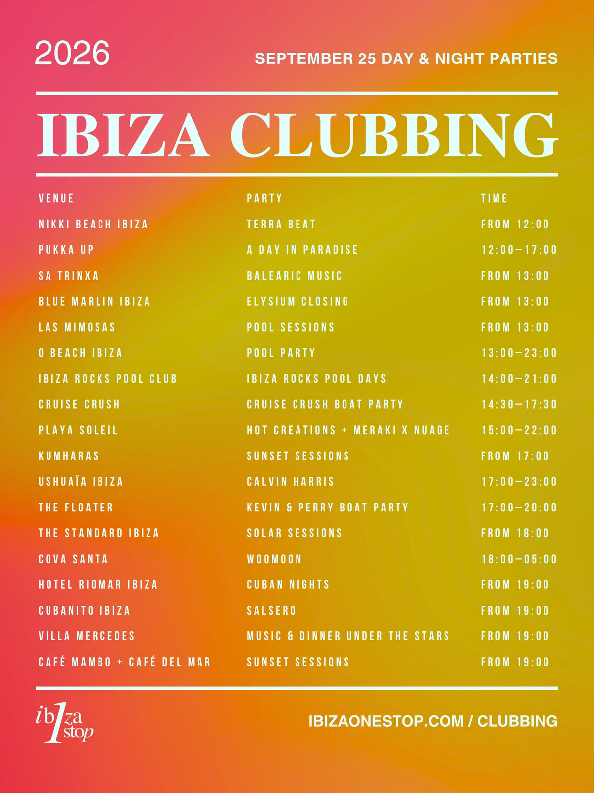 September 25, 2026 Ibiza Parties at UNVRS, Ushuaïa, Hï Ibiza, Pacha, Amnesia, Chinois, Cova Santa & More: David Guetta, Calvin Harris, CAMELPHAT, Marco Carola, Glitterbox & More