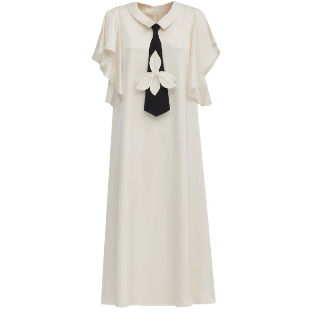 Double-Layer Satin Midi Dress With Tie Detail – Ivory