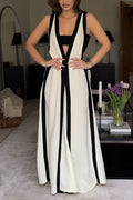 Deep V Neck Sleeveless Color Block Maxi Swing Dress