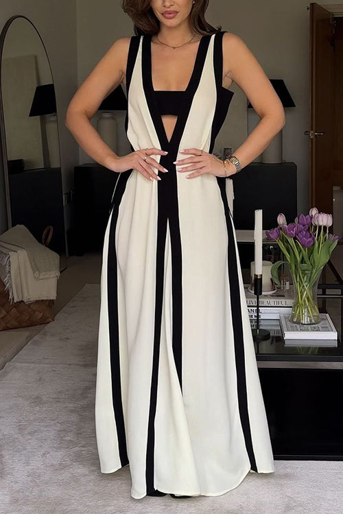 Deep V Neck Sleeveless Color Block Maxi Swing Dress