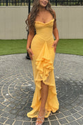 Spaghetti Strap Frill Trim Draped Slit Maxi Dress