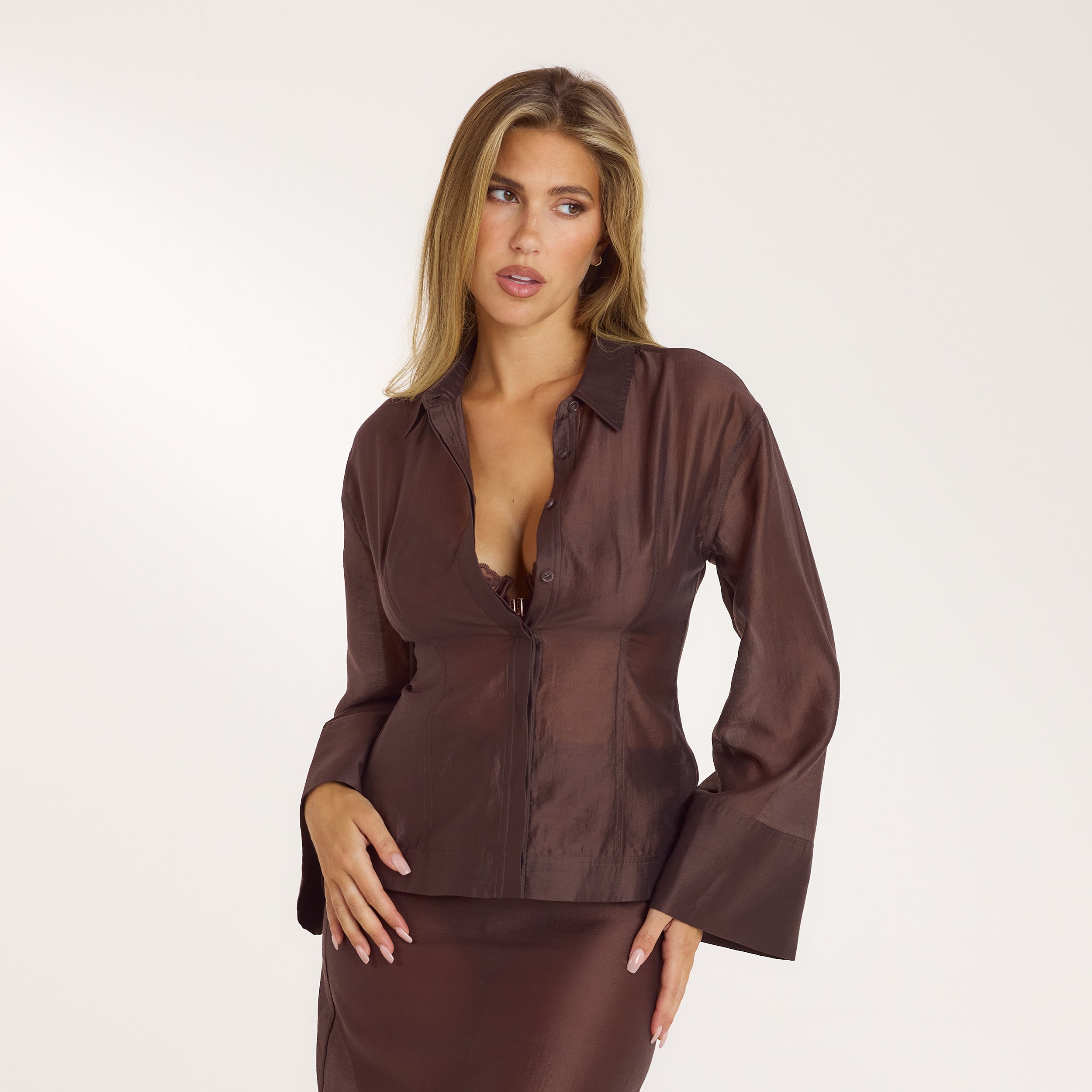 Lounge Underwear Fitted Sheer Shirt - Chocolate