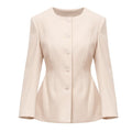 Sculpted Peplum-Hem Collarless Beige Jacket