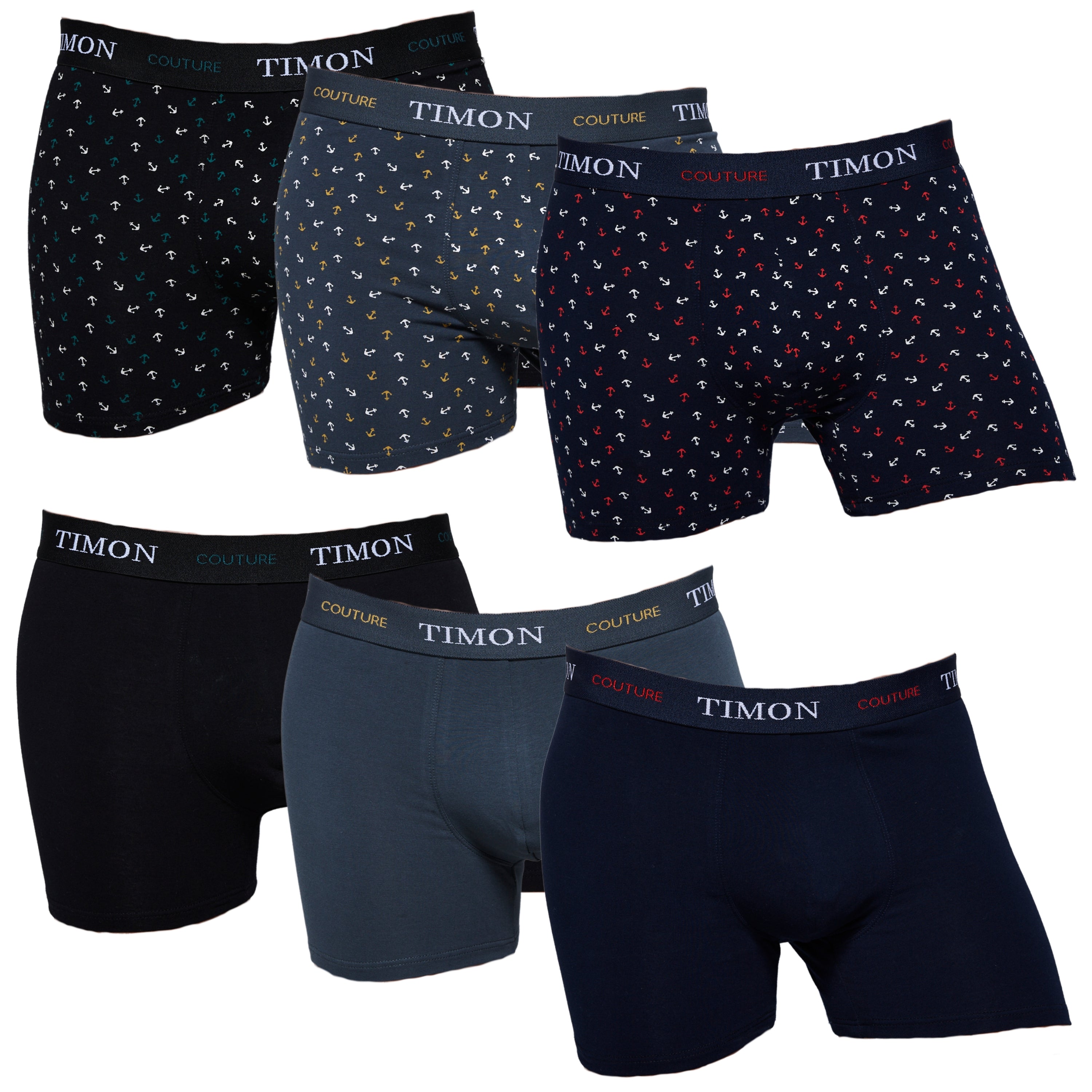 TIMON | Pack de 6 Boxers Para Hombre | 93 % Algodón | 3 Colores: Negro, Marino, Verde y 3 Estampados con Anclas| Cintura Elástica | Máximo Confort | 5 Tallas: S, M, L, XL, XXL