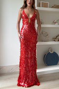 Spaghetti Strap V Neck Glitter Sequin Maxi Party Dress