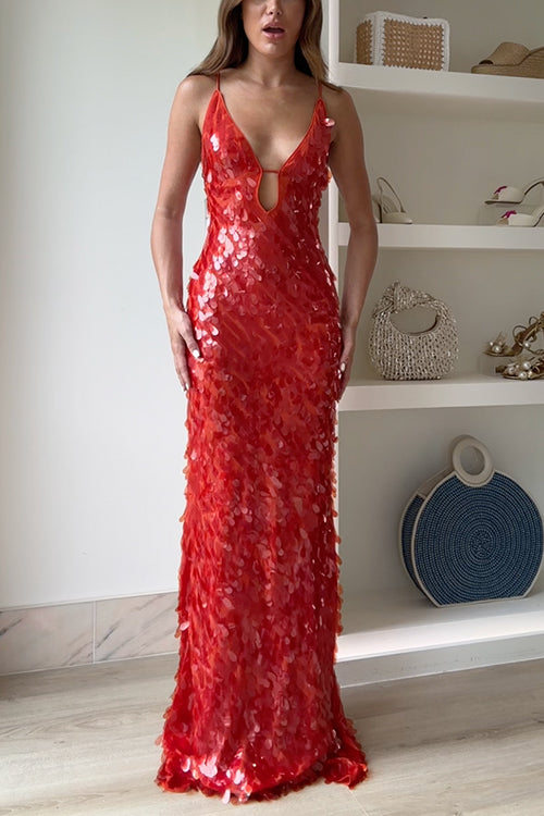 Spaghetti Strap V Neck Glitter Sequin Maxi Party Dress
