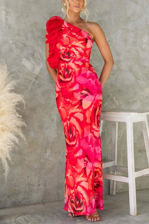 Ruffle One Shoulder Floral Print Bodycon Maxi Dress