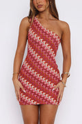 One Shoulder Sleeveless Color Block Crochet Mini Dress