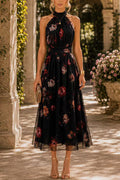 Sleeveless High Waist Floral Print Flowy Midi Dress