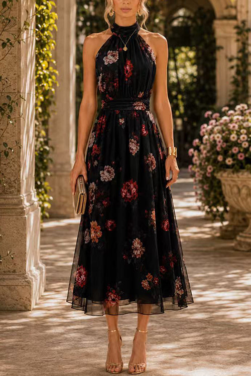 Sleeveless High Waist Floral Print Flowy Midi Dress