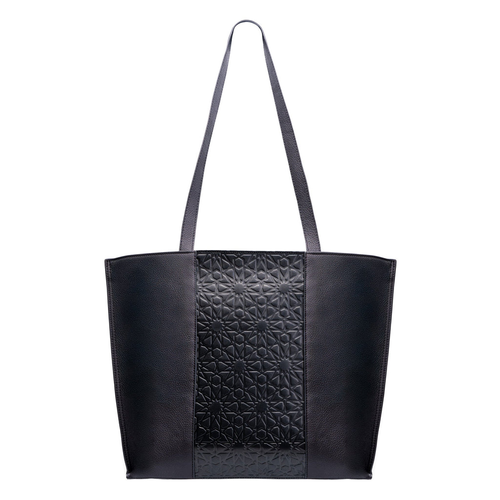 Black Leather Tote Bag - Alhambra Pattern Embossed