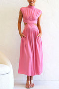 Mockneck Cut Out Waist Pockets Swing Dress