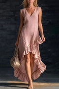 V Neck Sleeveless High Low Hem Ruffle Maxi Dress