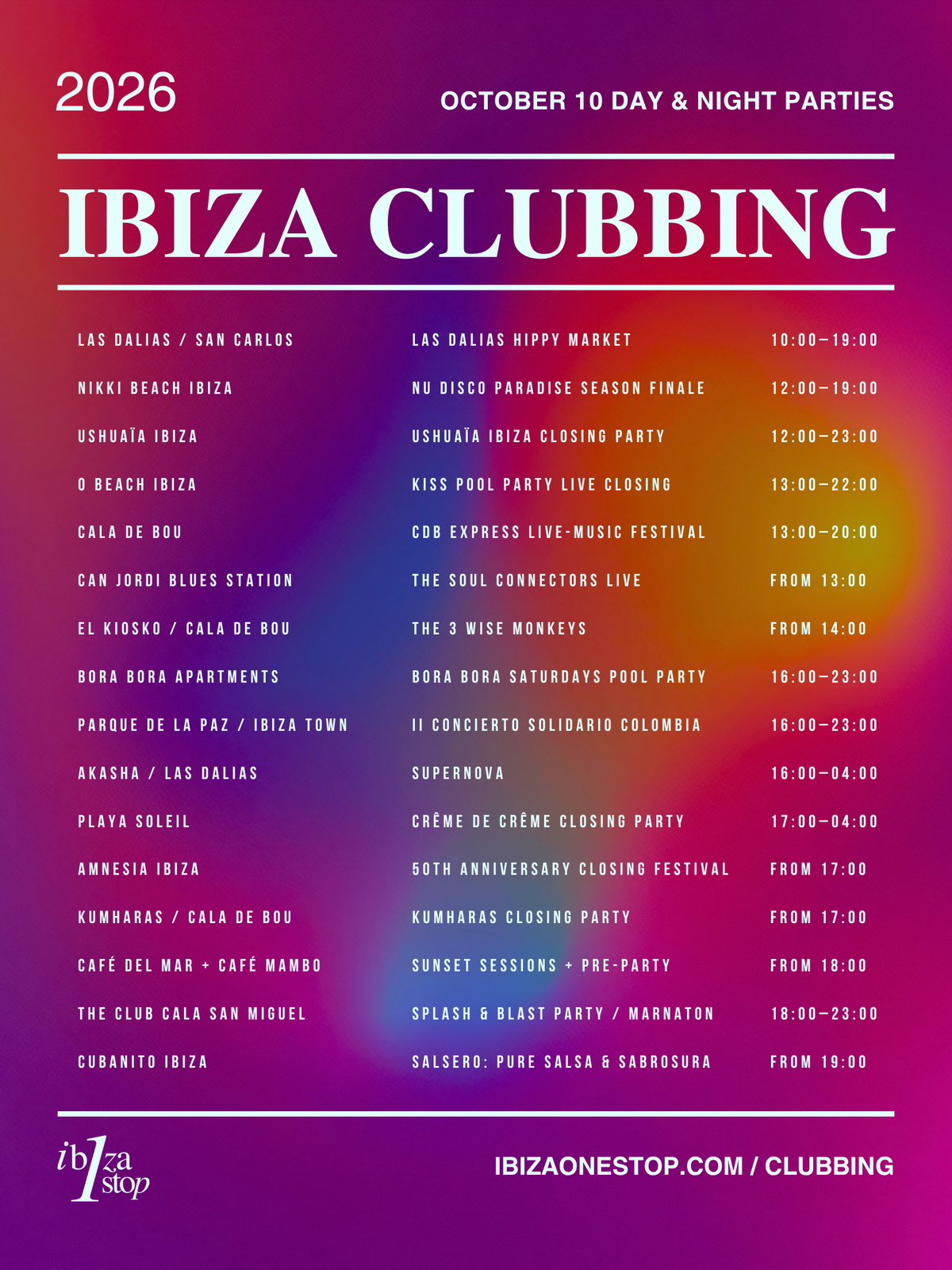 October 10, 2026 Ibiza Parties at Ushuaïa, [UNVRS], Amnesia, Pacha, O Beach, Chinois & More: ANTS, Closing Parties, Roger Sanchez & More