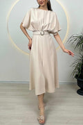Crewneck Short Sleeves Belted Slit Midi Dress