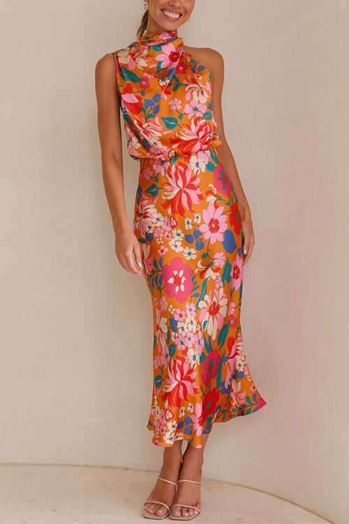Tie Back Halter Sleeveless Waisted Maxi Floral Dress