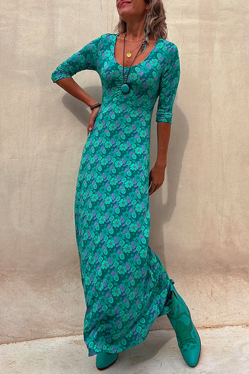 Scoop Neck 3/4 Sleeve Maxi Floral Dress