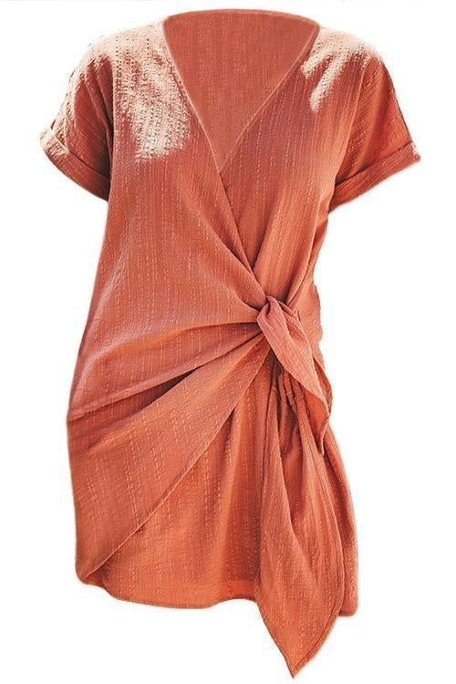 Solid Cross V Neck Tie Wrap Dress
