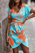 Scoop Neck Flare Sleeve Tie Waist Printed Dress