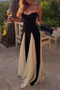 Spaghetti Strap Low Cut Color Block Swing Maxi Dress