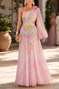 One Shoulder Puff Long Sleeve Cut Out Waist Printed Maxi Dress