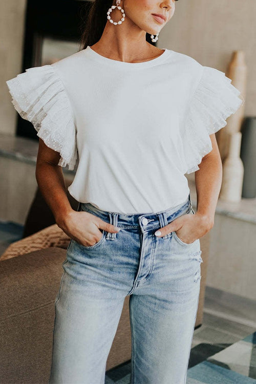 Round Neck Polka Dot Ruffle Short Sleeves Top