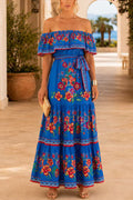 Off Shoulder Bow Waist Floral Print Ruffle Maxi Dress