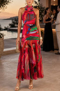 Mockneck Sleeveless Ruched Printed Maxi Dress