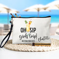 Bolsa de maquillaje portátil personalizada Oh Sip Girls Trip Drinks con nombre y correa para la muñeca Travel Daily Use Vacation Gift for Women Girl