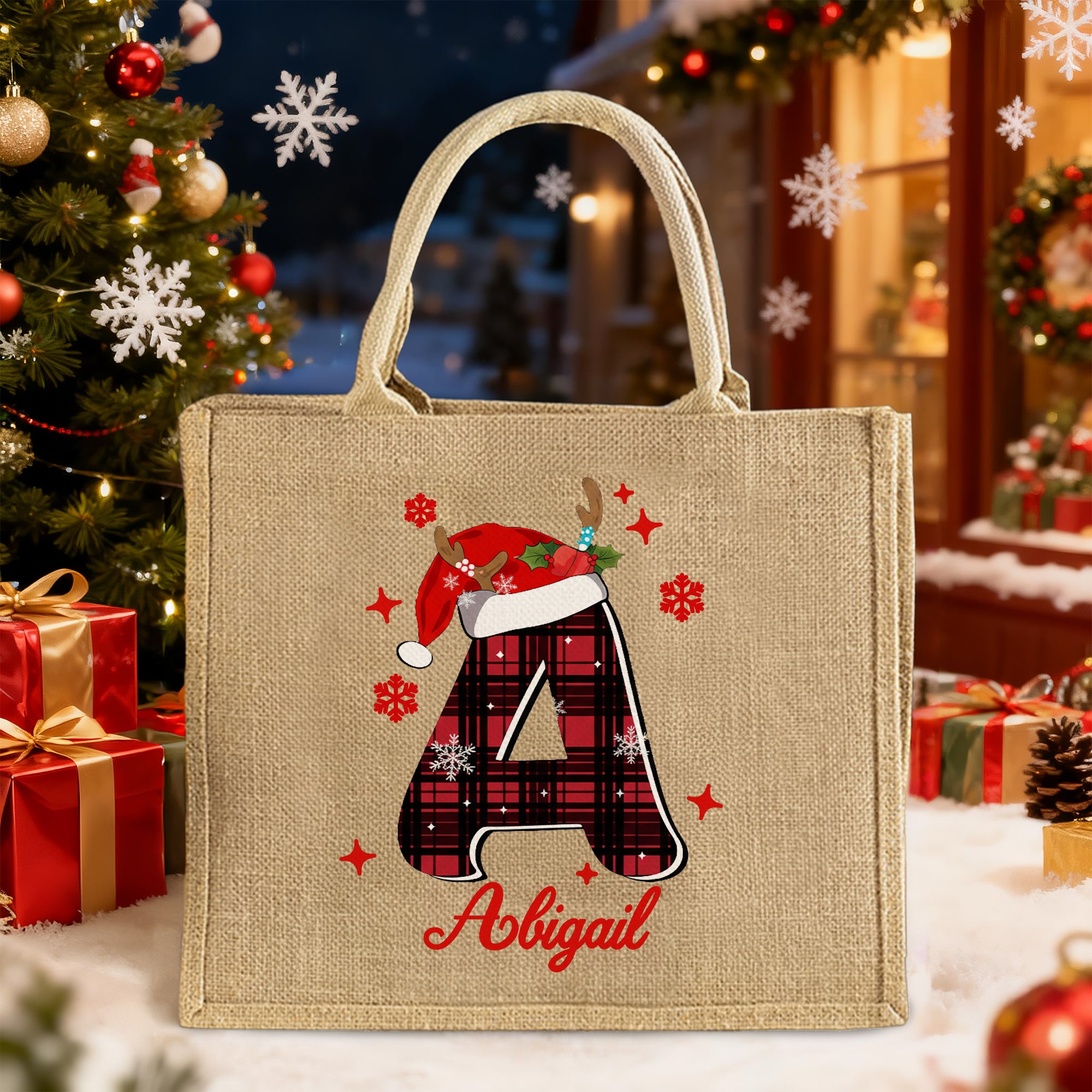 Gorro de Papá Noel personalizado Bolsa de yute con iniciales a cuadros rojos con nombre Fiesta de Navidad Regalo para niños Familia